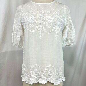 ANTHROPOLOGIE KINDRED White Embroidered Eyelet Lace Puff Sleeve Blouse Women's S